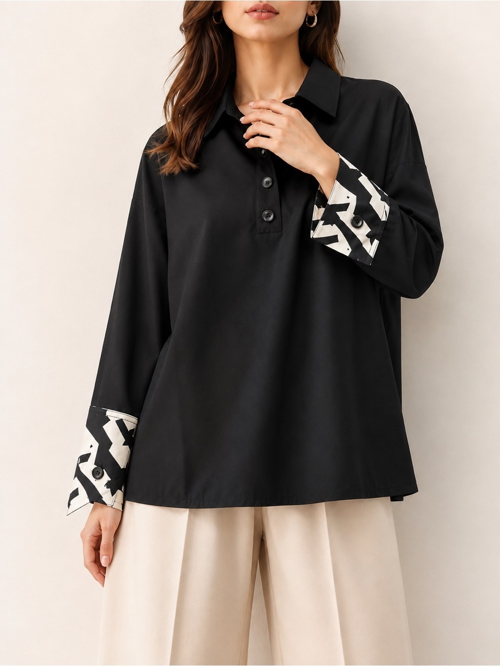 HEGAZY NWT Chic Modest Black Oversized Blouse Geometric Asymmetrical Cuffs O/S